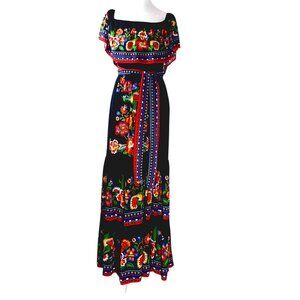 Flying Tomato, LRG Mexican Style Maxi Dress, Off/On Shoulder, Black Multi Floral